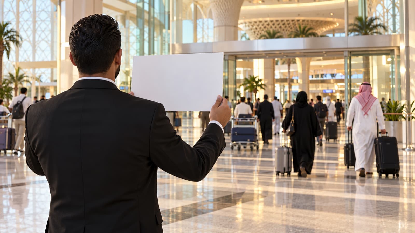 SATS driver holding a name board at Jeddah airport arrivals